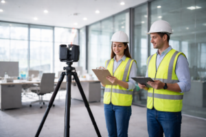 Advanced measurement tools used to capture precise spatial data for as-built records.